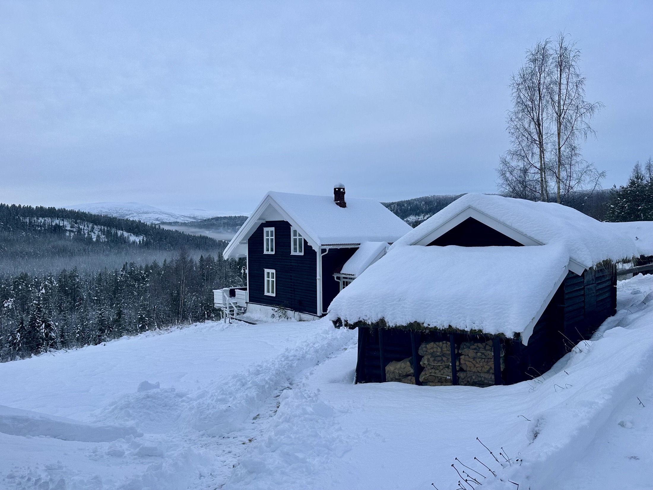 Vinterlandskap med fjellutsikt ved Mjelhovd